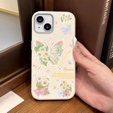 Ucuc iPhone 13/14 Uyumlu Beyaz Deri Dokulu Silikon Kamerayı Korur Şok Emici Kelebek Desenli Telefon Kılıfı