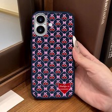 Ucuc iPhone 16 Uyumlu Mavi Deri Dokulu Silikon Kamerayı Korur Şok Emici Kiraz Desenli Kılıf