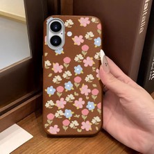 Ucuc iPhone 16 Uyumlu Kahverengi Deri Dokulu Silikon Kamerayı Korur Şok Emici Lale Deseni Kılıf