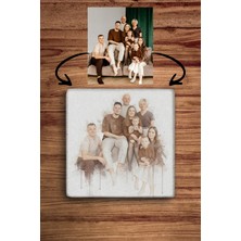 Baum Atelier Kişiselleştirilebilir Suluboya Efekti Görsel Çizimi Doğal Taş Traverten Bardak Altlığı 4 Lü Set