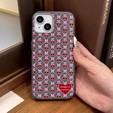 Ucuc iPhone 14 Plus/15 Plus Uyumlu Gri Deri Dokulu Silikon Kamerayı Korur Şok Emici Kiraz Desenli Kılıf