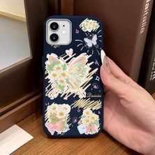 Ucuc iPhone 11 Uyumlu Mavi Deri Dokulu Silikon Kamerayı Korur Şok Emici Kelebek Desenli Telefon Kılıfı