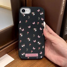 Ucuc iPhone 7/8/se 2020 2022 Uyumlu Siyah Deri Dokulu Silikon Kamerayı Korur Şok Emici Lale ve Kelebek Deseni Kılıfı