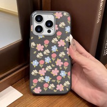 Ucuc iPhone 14 Pro Max Uyumlu Gri Deri Dokulu Silikon Kamerayı Korur Şok Emici Lale Deseni Kılıf