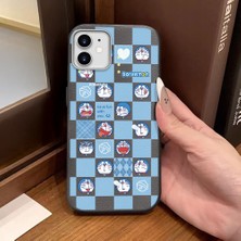 Ucuc iPhone 12/12 Pro Uyumlu Gri Deri Dokulu Silikon Kamerayı Korur Şok Emici Doraemon Deseni Kılıf
