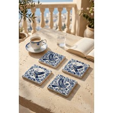 Baum Atelier Mavi Kuş Tile Desen Blue Bird Doğal Taş Traverten Bardak Altlığı Stone Coasters 4 Lü Set