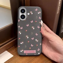 Ucuc iPhone 16 Uyumlu Gri Deri Dokulu Silikon Kamerayı Korur Şok Emici Lale ve Kelebek Deseni Kılıfı