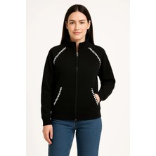 Kadın Oversize Dik Yaka Fermuarlı Sweatshirt - Zincir Nakışli Kanguru Cepli, - Siyah