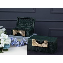 sembol 2li Deri Detay Dekoratif Kutu Seti Yeşil 21X14X10-25X17X11 cm