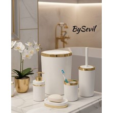 Bysevil Akrilik Yuvarlak 5 Parça Mermer Desen Banyo Seti -Beyaz Gold