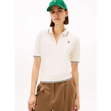 Tommy Hilfiger Th Scrıpt Lyocell Zıp Ss Polo Kadın Bej T-Shirt - WW0WW47853