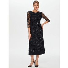 Faik Sönmez Payetli Dantel Garnili 3/4 Kol Abiye Elbise S26ABY002