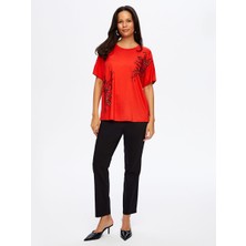 Faik Sönmez Boncuk Nakış ve Baskılı Yuvarlak Yaka Düşük Kol T-Shırt W26TSH069