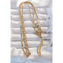 Skygo 316L Çelik Gold Renk Zirkon Taşlı Göz Detay Nazarlı Uzun Asansör Model Kolye - TJ-BKO8962