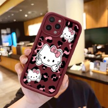 Ucuc iPhone 15 Pro Uyumlu Silikon Malzeme Darbeye Dayanıklı Bordo Renkli Kılıf Hello Kitty Desen