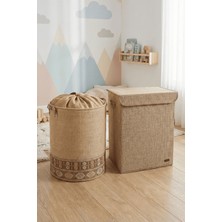 Luxway Home 1 Adet Büyük Jüt Kutu ve 1 Adet Jüt Garnili Fileli Saklama ve Düzenliyici Çamaşır Sepeti