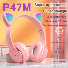 PremiumPort Kablosuz Bluetooth 5.0 LED Işıklı Pembe Kedi Çocuk Kulaklığı