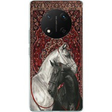 TechTree Honor X9C Uyumlu Geleneksel Halı Motifli Siyah Beyaz At Baskılı Silikon Kılıf