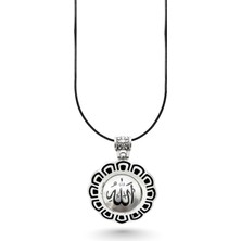 Oya Silver Siyah Mineli Allah Yazılı Yuvarlak Gümüş Kolye 4.5X3CM [OYSY146]
