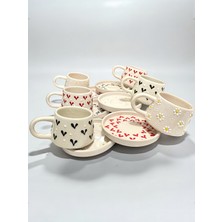 Artistic Quality Dekoratif Siyah Kırmızı Kalp ve Papatya Işlemeli, Kabartma Detaylı Çay-Kahve Fincanı 6 Adet