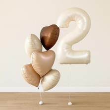 Balonsan -2- Yaş Retro Bej Rakam Folyo Balonlu Kalpli Doğum Günü Seti