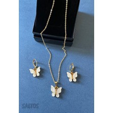 PremiumPort Beyaz Kelebekli Gold Takı Seti, Doğum Günü Hediye, Şık ve Zarif Parça