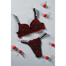 Glenz İç Giyim Siyah Kırmızı Kar Tanesi  Baskılı Destekli Sütyen Takımı
