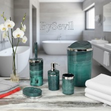 Bysevil Akrilik Yuvarlak 5 Parça Mermer Granit Desen Banyo Seti -Yeşil Gümüş