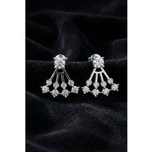 Roza Silver 925 Ayar Gümüş Rodyum Renk Tektaş ve Yelpaze Kombinli Iki Parçalı Ear Jacket Küpe
