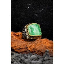 Silverplus 925 Ayar Telkari Işlemeli Fasetli Yeşil Taşlı Gümüş Erkek Yüzük