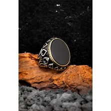 Silverplus 925 Ayar Gümüş Lale Motifli Siyah Oniks Taşlı Erkek Yüzük