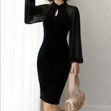 Nake Butik Kadın Siyah Kadife Bodycon Elbise
