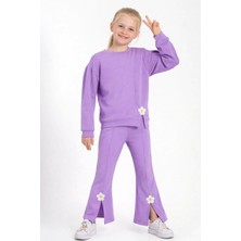 Zepkids Bisiklet Yaka Uzun Kol Yırtmaçta Papatya Detaylı Uzun Kollu Lila Renk Kız Çocuk Eşofman Takımı