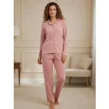 Arcan Kadın Pembe Yıldız Desenli Gömlek Yaka Boydan Düğmeli Fitilli Polar 2'li Takım