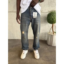 KağanKY Lacivert Yıkamalı Yırtık Detaylı Baggy Jean