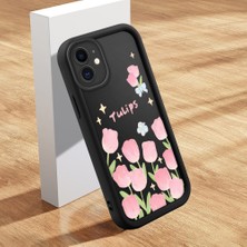 Ucuc iPhone 12 Uyumlu Siyah Silikon Lale Desenli Lens Koruma Şok Emici Esnek Kılıf