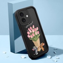 Ucuc iPhone 16 Uyumlu Siyah Silikon Lale Desenli Lens Koruma Şok Emici Esnek Kılıf