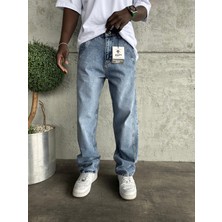 KağanKY Dikiş Detaylı Mavi Taşlamalı Relax Baggy Jean