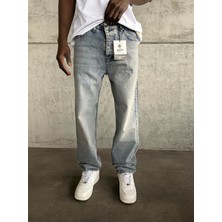 KağanKY Mavi Yıkamalı Baggy Jean Erkek Denim Kumaş Normal Bel Bol Paça Kesim