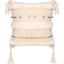 Bohemart Morocco Yastık Punch Elişi Keten Kırlent Ekru Renkli Dolgulu Tasarım Detayları