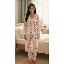 Pijamask Kadın Kalp Desenli Boydan Düğmeli Pijama Takım