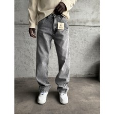 KağanKY Dikiş Detaylı Gri Taşlamalı Relax Baggy Jean