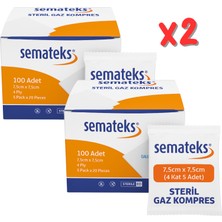 Semateks Steril Pamuklu Dokuma Gaz Kompres Gazlı Bez | 7,5cm x 7,5cm | 4 Katlı | 100'LÜ (5'li Zarf x 20) Klasik