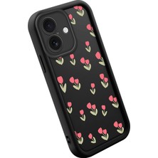 Ucuc iPhone 16 Uyumlu Siyah Silikon Çiçek Desenli Lens Koruma Şok Emici Esnek Kılıf