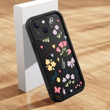 Ucuc iPhone 14 Plus Uyumlu Siyah Silikon Çiçek Desenli Lens Koruma Şok Emici Esnek Kılıf