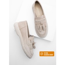 Marjin Kadın Hakiki Deri Loafer Günlük Ayakkabı Suma Bej Süet