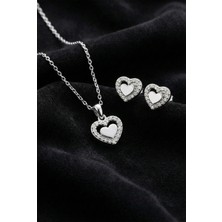 Erdobia 925 Ayar Gümüş Rodyum Renk Zirkon Taşlı Minimal Kalpli Kolye-Küpe 2'li Set