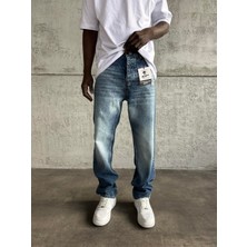 KağanKY Mavi Taşlamalı Lazer Detaylı Baggy Jean