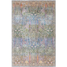 Cool Halı Mondela Gri Yeşil Çiçekli Etnik Desen Klasik Makina Dokuma Eskitme Silinebilir Salon Oturma Oda Halı