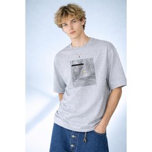 Caddekombin Erkek Topografik Harita Desenli Koordinat Baskılı Bisiklet Yaka Gri T-Shirt